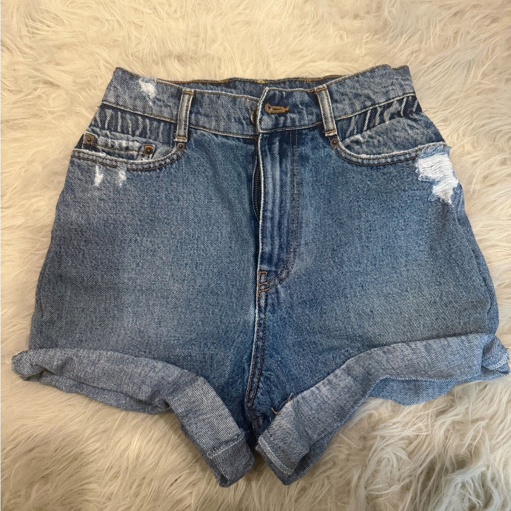 Retrofete Blue Distressed High-Waist Jean Shorts